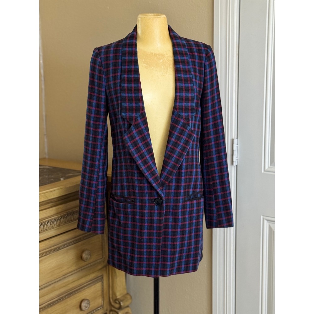 Pinko Plaid Blazer Jacket Women Italy Blue Burgundy Single Button Sz4 office